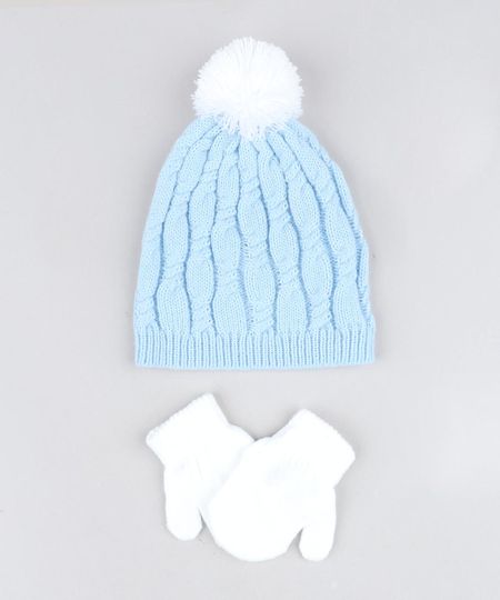 Kit de Gorro Infantil com Pompom + Luva em Tricô Azul Claro - Único Menor preço em Kit de Gorro Infantil com Pompom + Luva em Tricô Azul Claro - Único