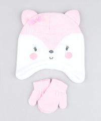 Kit-de-Gorro-Raposa-com-Orelhas---Luvas-em-Trico-Rosa-Claro-9358236-Rosa_Claro_1
