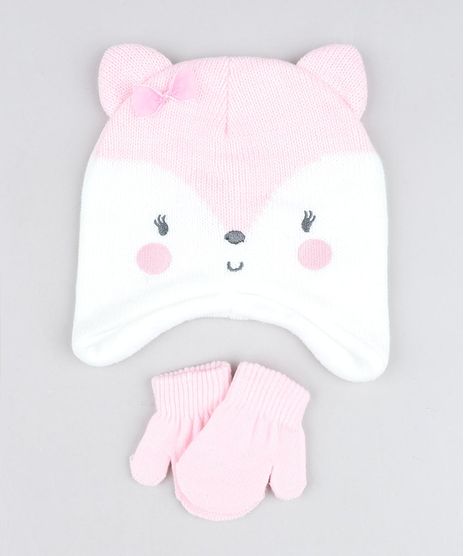 Kit-de-Gorro-Raposa-com-Orelhas---Luvas-em-Trico-Rosa-Claro-9358236-Rosa_Claro_1