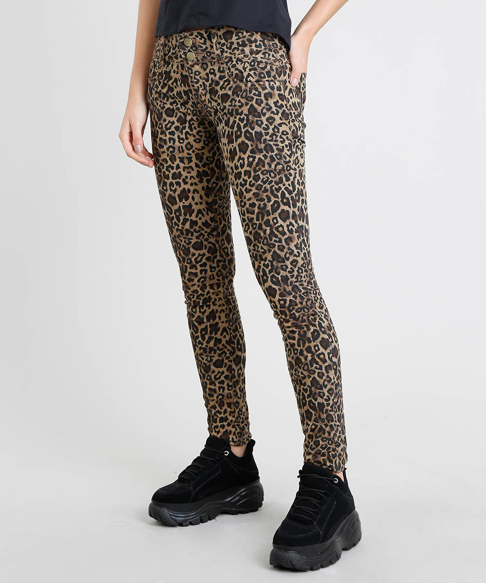 Calça de Sarja Sawary Super Skinny Pull Up Estampada Animal Print Bege Escuro