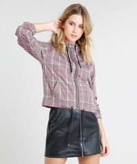 Jaqueta-Corta-Vento-Feminina-Estampada-Xadrez-com-Capuz-e-Ziper-de-Argola-Vermelha-9362454-Vermelho_1