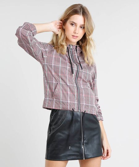 Jaqueta-Corta-Vento-Feminina-Estampada-Xadrez-com-Capuz-e-Ziper-de-Argola-Vermelha-9362454-Vermelho_1