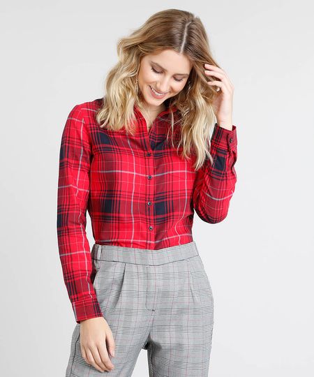Camisa Feminina Estampada Xadrez com Bolso Manga Longa Vermelha Menor preço em Camisa Feminina Estampada Xadrez com Bolso Manga Longa Vermelha