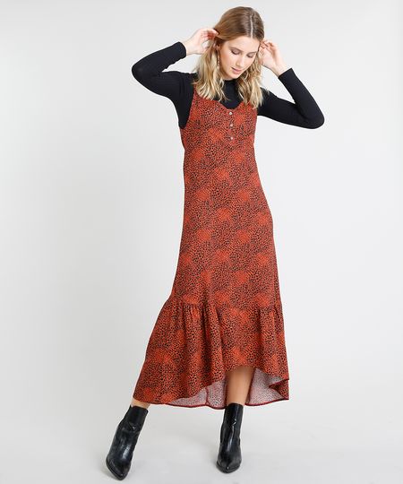 Vestido Feminino Midi Estampado Animal Print com Babado Alça Fina Cobre Menor preço em Vestido Feminino Midi Estampado Animal Print com Babado Alça Fina Cobre