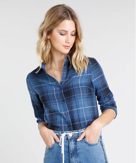 Camisa-Feminina-Estampada-Xadrez-com-Bolso-Manga-Longa-Azul-9369617-Azul_1