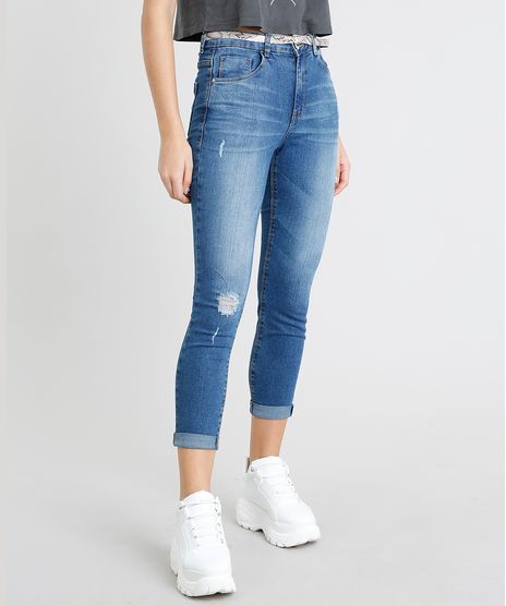 Calca-Jeans-Feminina-Cropped-com-Cinto-Animal-Print-Azul-Medio-9463402-Azul_Medio_1