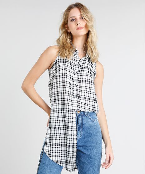Camisa-Feminina-Longa-Estampada-Xadrez-Sem-Manga-Off-White-9364272-Off_White_1