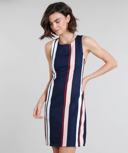 Vestido Feminino Curto Listrado Decote Redondo Azul Marinho Menor preço em Vestido Feminino Curto Listrado Decote Redondo Azul Marinho