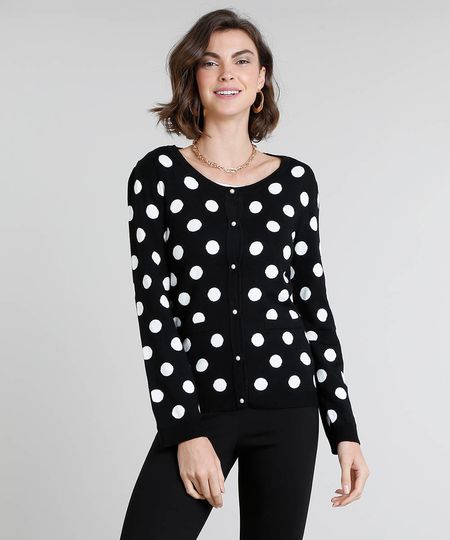 Cardigan-Feminino-Estampado-de-Poa-em-Trico-Preto-9360296-Preto_1