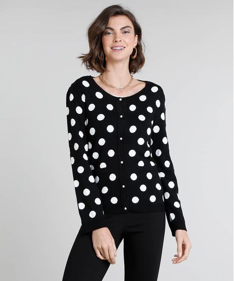 Cardigan-Feminino-Estampado-de-Poa-em-Trico-Preto-9360296-Preto_1