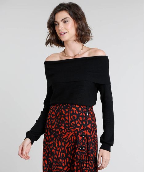 Blusa Feminina Em Trico Ombro A Ombro Manga Longa Preto Cea