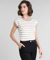 Blusa-Feminina-Listrada-em-Trico-Manga-Curta-Decote-Redondo-Kaki-9362556-Kaki_1