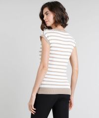 Blusa-Feminina-Listrada-em-Trico-Manga-Curta-Decote-Redondo-Kaki-9362556-Kaki_2