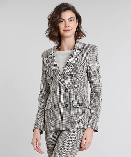 Blazer-Feminino-Transpassado-Estampado-Xadrez-com-Bolsos-Kaki-9380046-Kaki_1
