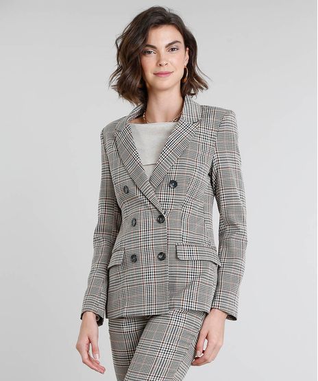 Blazer-Feminino-Transpassado-Estampado-Xadrez-com-Bolsos-Kaki-9380046-Kaki_1