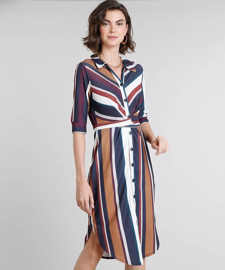 Vestido Chemise Feminino Curto Listrado Manga Curta Off White Menor preço em Vestido Chemise Feminino Curto Listrado Manga Curta Off White