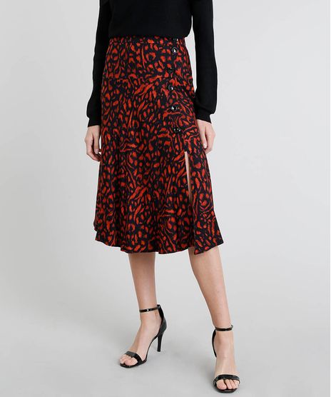 Saia-Feminina-Midi-Evase-Estampada-Animal-Print-com-Botoes-e-Fenda-Preta-9374488-Preto_1
