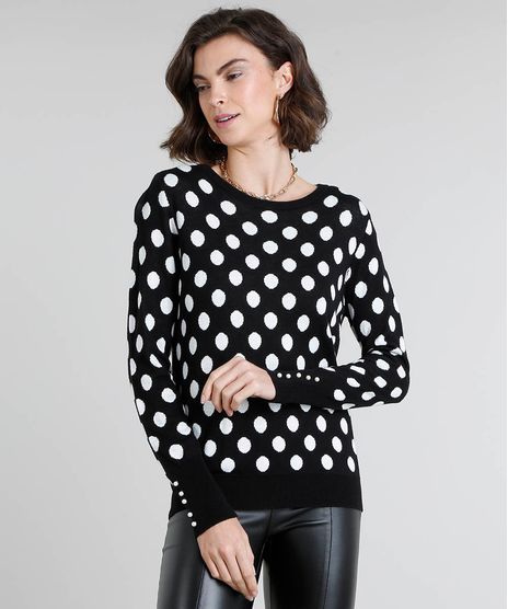 Sueter-Feminino-Estampado-em-Trico-de-Poa-com-Perola-Decote-Redondo-Preto-9360248-Preto_1