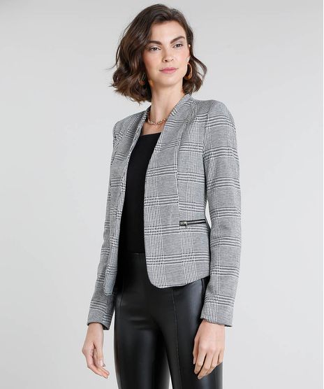 Blazer-Feminino-Estampado-Xadrez-com-Ziper-Cinza-Mescla-9383126-Cinza_Mescla_1