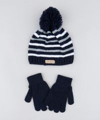 Kit-de-Gorro-Infantil-Listrado-com-Pompom---Luva-em-Trico-Azul-Marinho-9358482-Azul_Marinho_1