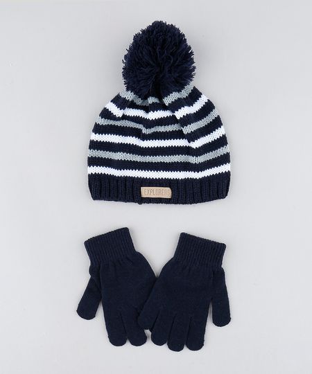 Kit-de-Gorro-Infantil-Listrado-com-Pompom---Luva-em-Trico-Azul-Marinho-9358482-Azul_Marinho_1