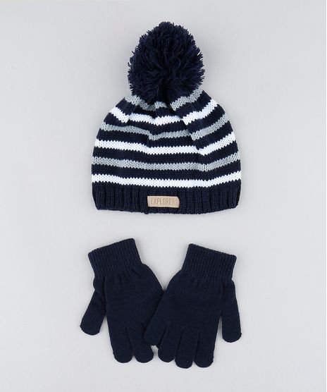 Kit-de-Gorro-Infantil-Listrado-com-Pompom---Luva-em-Trico-Azul-Marinho-9358482-Azul_Marinho_1