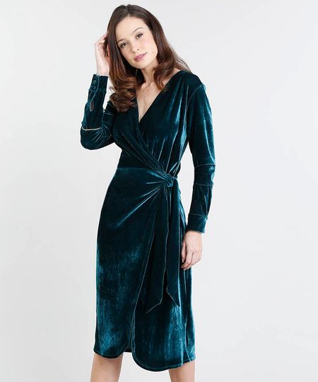 Vestido Feminino Mindset Midi Transpassado em Veludo Manga Longa Verde Menor preço em Vestido Feminino Mindset Midi Transpassado em Veludo Manga Longa Verde