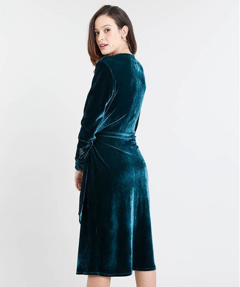 vestido midi veludo manga longa