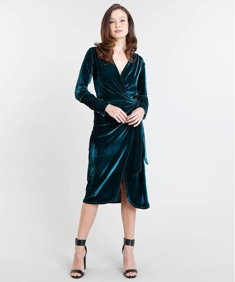vestido midi veludo manga longa