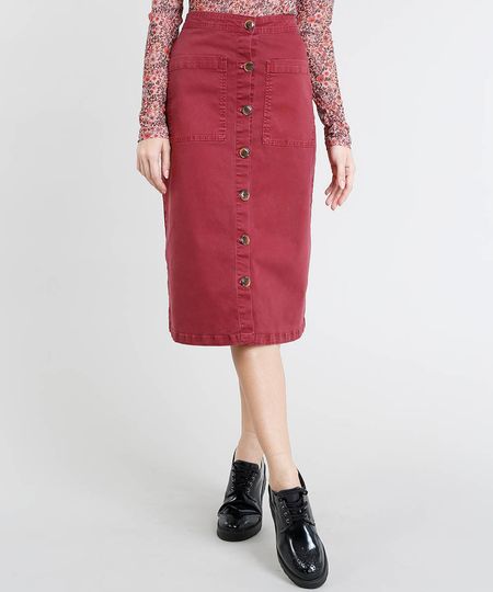 Saia de Sarja Feminina Midi Mindset com Botões e Bolsos Vinho Menor preço em Saia de Sarja Feminina Midi Mindset com Botões e Bolsos Vinho