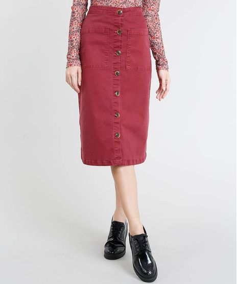Saia-de-Sarja-Feminina-Midi-Mindset-com-Botoes-e-Bolsos-Vinho-9503931-Vinho_1