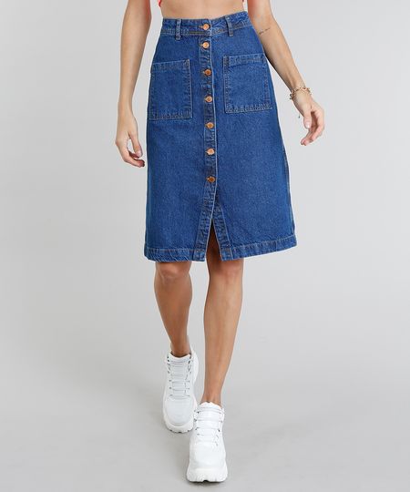 Saia Jeans Feminina Midi com Botões Azul Médio Menor preço em Saia Jeans Feminina Midi com Botões Azul Médio