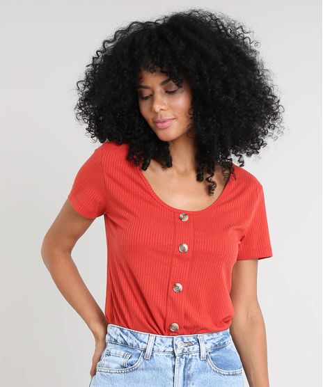 Blusa-Feminina-Canelada-com-Botoes-Manga-Curta-Decote-Redondo-Cobre-9392297-Cobre_1