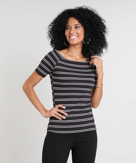 Blusa Feminina Básica Canelada Listrada Ombro a Ombro Manga Curta Preta Menor preço em Blusa Feminina Básica Canelada Listrada Ombro a Ombro Manga Curta Preta