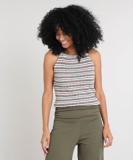 Regata Feminina Halter Neck Listrada em Tricô Off White Menor preço em Regata Feminina Halter Neck Listrada em Tricô Off White