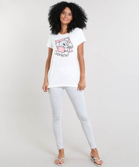 Pijama-Feminino-com-Estampa-de-Coala-Manga-Curta-Off-White-9415994-Off_White_1