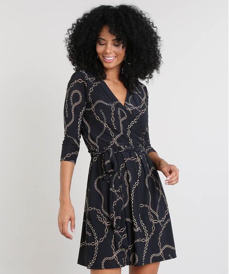 Vestido-Feminino-Curto-Transpassado-Estampado-de-Corrente-Manga-Curta-Preto-9438881-Preto_1