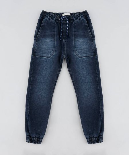 Calça Jeans Infantil Jogger com Bolsos Azul Escuro Menor preço em Calça Jeans Infantil Jogger com Bolsos Azul Escuro