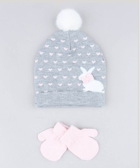Kit-de-Gorro-Infantil-Estampado-com-Pompom---Luva-Cinza-Mescla-9358237-Cinza_Mescla_1