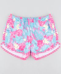 Short-de-Praia-Infantil-Estampado-de-Folhagem-com-Pompom-Pink-9422417-Pink_1