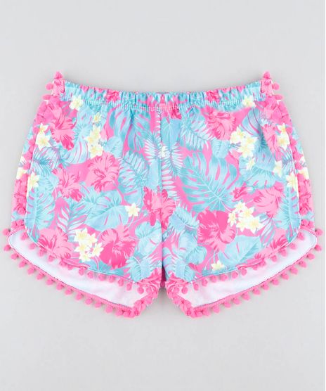 Short-de-Praia-Infantil-Estampado-de-Folhagem-com-Pompom-Pink-9422417-Pink_1