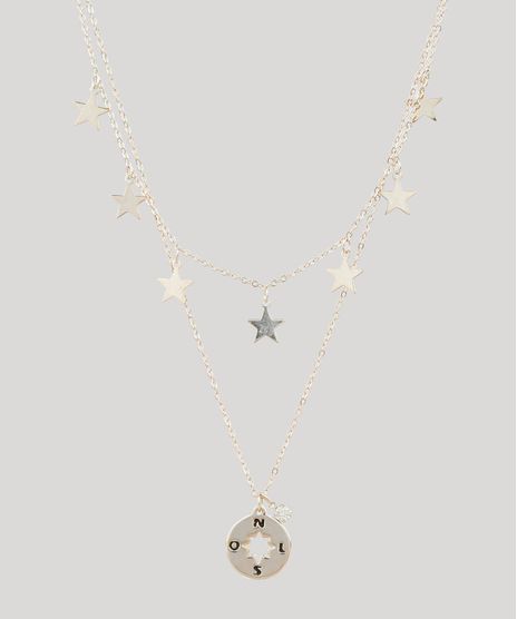 Colar-Feminino-Duplo-com-Pingentes-de-Estrela-Dourado-9435991-Dourado_1