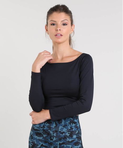 Blusa Feminina Esportiva Ace Cropped Manga Longa Preta Cea