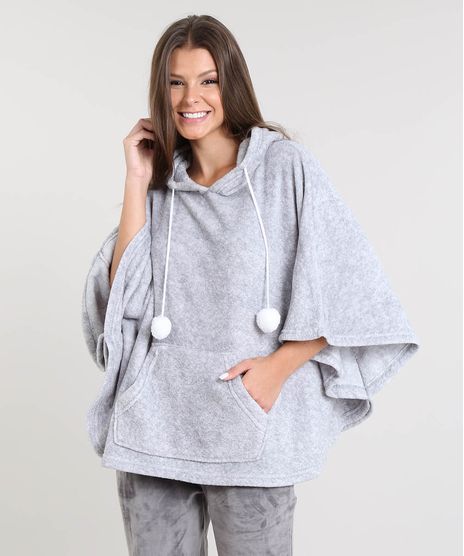 Poncho-Feminino-Coala-com-Capuz-em-Plush-Cinza-Mescla-9371913-Cinza_Mescla_1