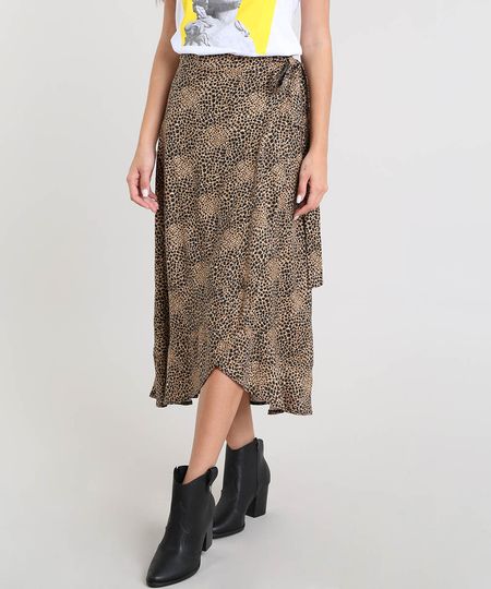 Saia Envelope Feminina Midi Estampada Animal Print com Babado Bege Menor preço em Saia Envelope Feminina Midi Estampada Animal Print com Babado Bege