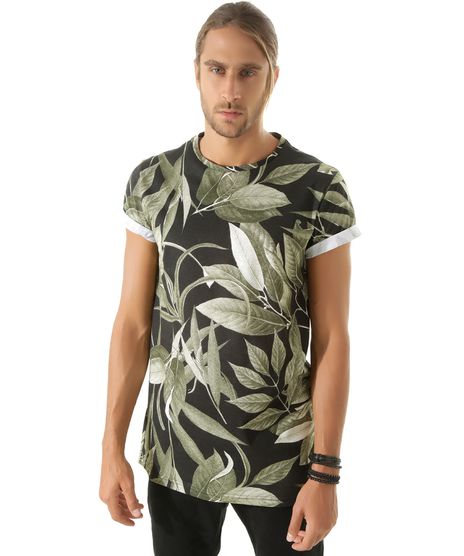 Camiseta-Longa-Estampada-de-Folhagem-Preta-8441966-Preto_1