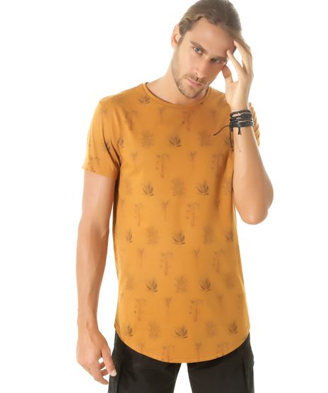 Camiseta-Longa-Estampada-de-Folhagem-Caramelo-8440842-Caramelo_1