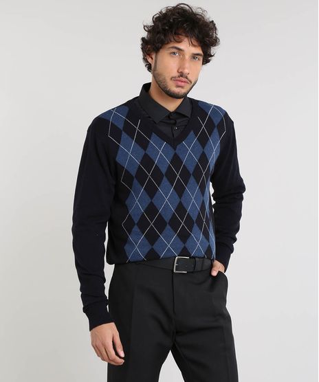 Sueter-Masculino-em-Trico-Estampado-Xadrez-Argyle-Gola-V-Azul-Marinho-8855363-Azul_Marinho_1
