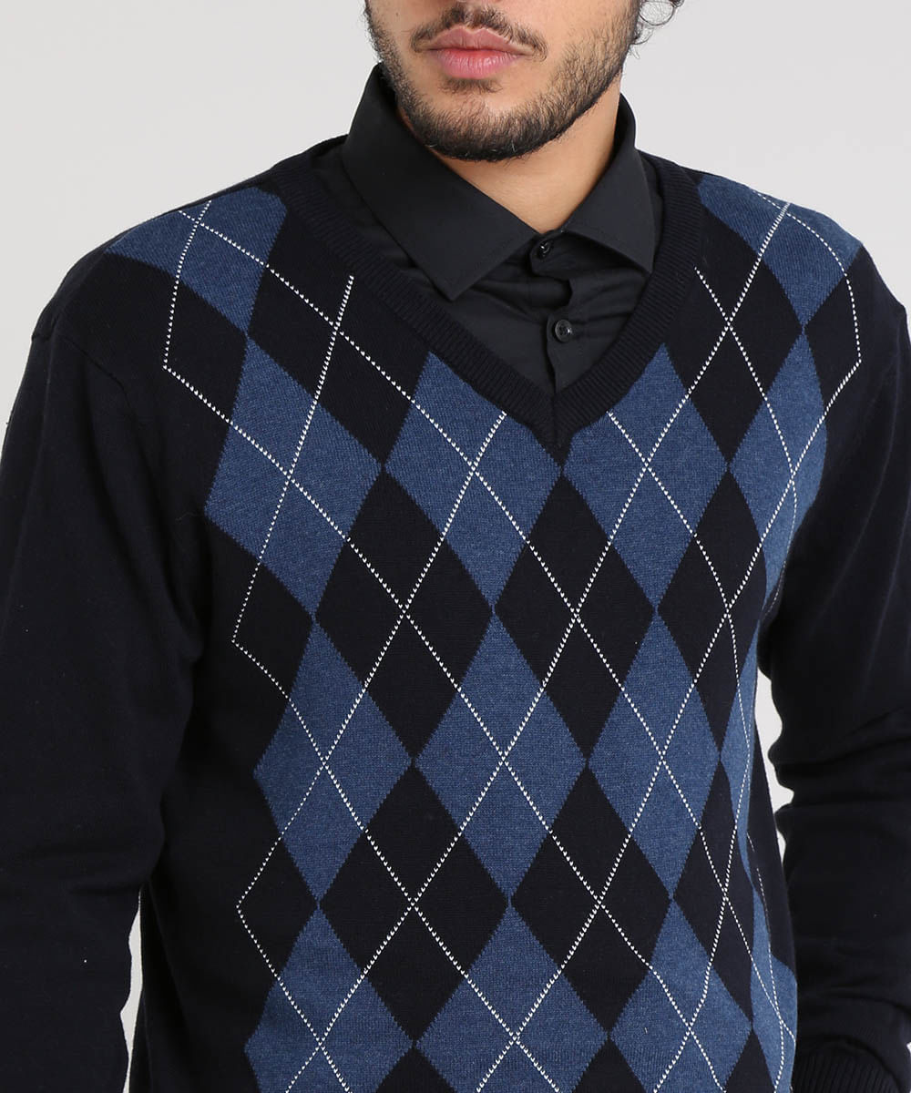 Suéter Masculino em Tricô Estampado Xadrez Argyle Gola V Azul Marinho