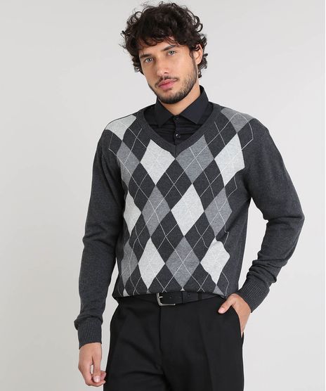Sueter-Masculino-em-Trico-Estampado-Xadrez-Argyle-Gola-V-Cinza-Mescla-Escuro-8855363-Cinza_Mescla_Escuro_1